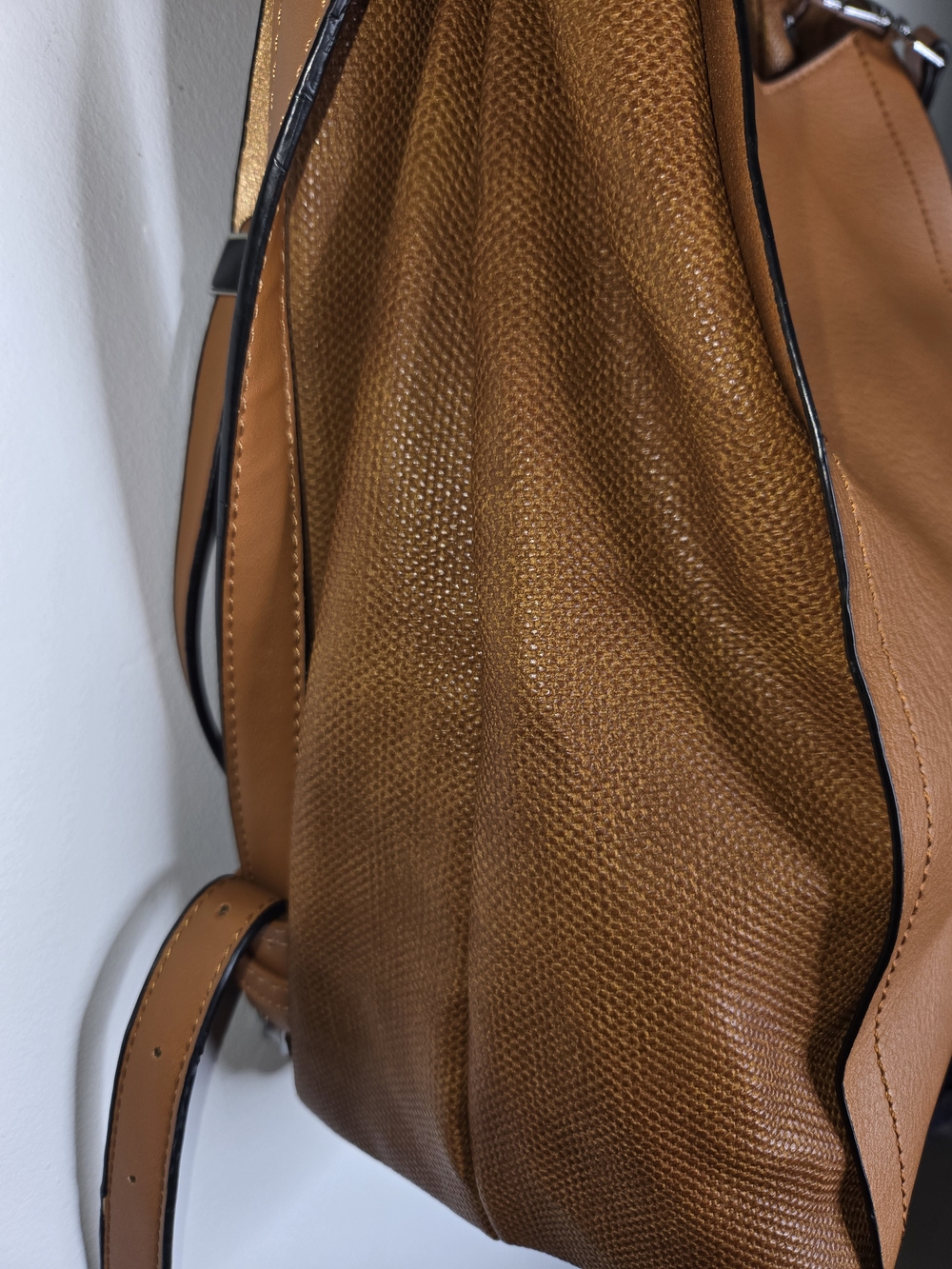 Tan Faux Leather Slouchy Hobo Shoulder Bag with Textured Leather Trim Tote 12x12 - Picture 6 of 16